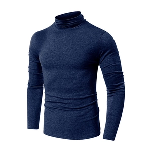 Macro view of navy blue high-neck knitted long sleeve shirt showing fabric texture