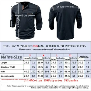 Detailed size chart for men's long sleeve Henley shirt with fabric material measurements