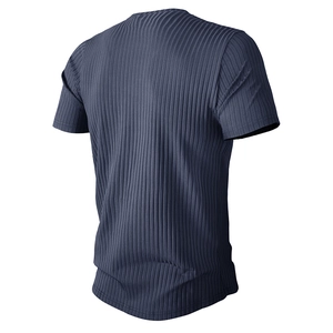 Back view of men's navy blue ribbed slim fit sport t-shirt with short sleeves and crew neck