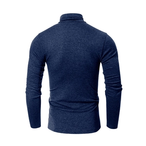Back view of navy blue high-neck long sleeve fitness t-shirt with heather knit texture