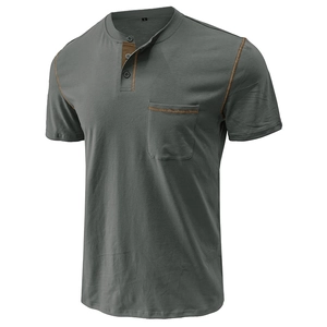 Close-up of three-button henley neckline with brown contrast stitching on dark grey shirt