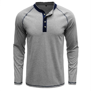 Men's vintage heavy cotton long sleeve Henley shirt with contrast navy collar detail