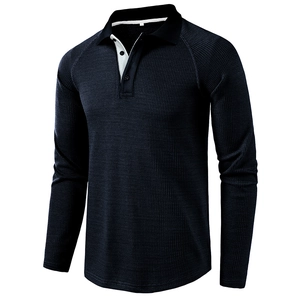 Men's waffle knit long sleeve polo shirt in navy blue with contrast collar details