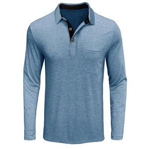 Polo à manches longues pour hommes bleu chiné avec col contrasté noir et poche