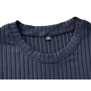 Men's navy blue ribbed knit compression sports t-shirt with crew neck and size label