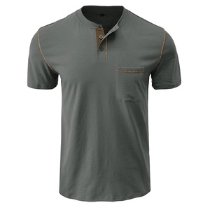 Detail of Henley shirt collar with brown contrast stitching and chest pocket detail