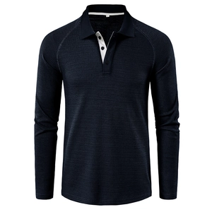 Men's navy waffle knit long sleeve polo shirt with contrast collar and raglan sleeves