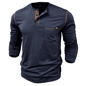 Navy blue men's Henley shirt with brown contrast collar and breast pocket detail