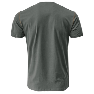 Detail of grey men's short sleeve T-shirt with orange contrast stitching on back shoulder