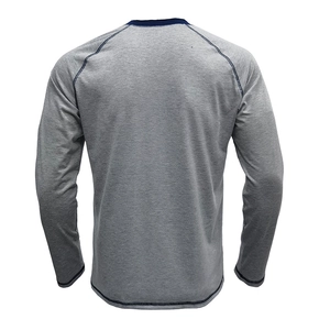 Rear view of a men's gray long-sleeved cotton T-shirt with navy blue stitching