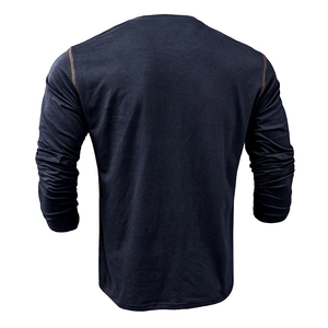 Men's navy cotton long sleeve Henley shirt featuring brown contrast stitching on the back