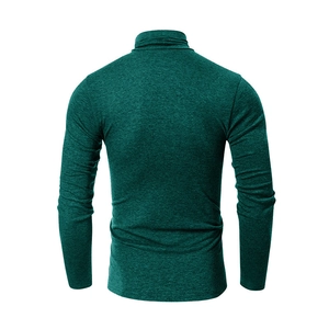 Rear view of a men's slim-fit mock neck athletic long sleeve shirt in heather dark green
