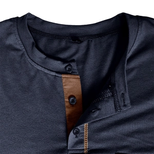 Detail of navy Henley shirt neckline featuring three buttons and brown contrast lining