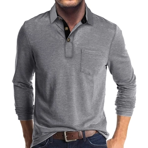 Polo homme gris à manches longues avec patte contrastée et poche poitrine