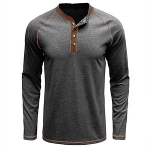Front view of men's heavy cotton long sleeve Henley shirt in charcoal grey color
