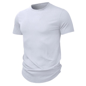 Detail view of the ribbed fabric texture and crew neck design on white men's gym shirt