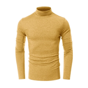 Detailed close-up of ginger yellow mock neck fitness shirt with heather knit texture