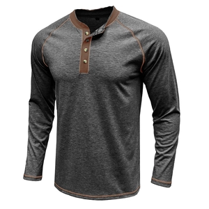 Detail view of men's vintage heavy cotton Henley shirt with contrast stitching