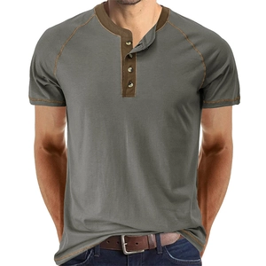 Classic men's short sleeve Henley shirt with contrast stitching and color-block collar