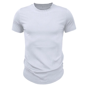 Close-up detail of white ribbed texture and round collar on men's slim fit sports t-shirt