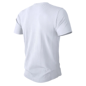 Close-up of white men's short sleeve sport shirt showing premium vertical pleated fabric