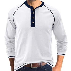 Detailed view of a men's long-sleeve heavy cotton Henley shirt in white and navy blue