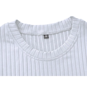 Close-up of white ribbed knit neckline with double stitching and size S label