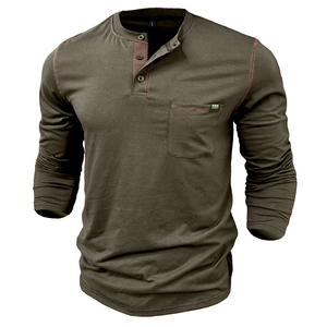 Detail of army green Henley shirt showing 3-button placket and red contrast stitching
