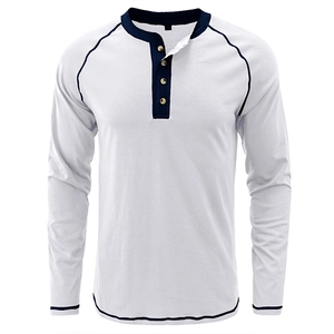 Men's vintage heavy cotton long sleeve Henley shirt with navy contrast collar detail