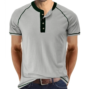 Men's summer Henley short sleeve shirt in light grey with dark green raglan sleeves
