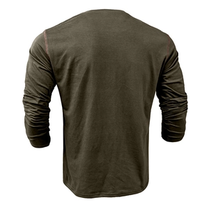 Detail of red stitching on the shoulder of this olive green long sleeve Henley shirt for men
