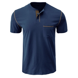 Men's navy Henley shirt with brown contrast collar and chest pocket detail