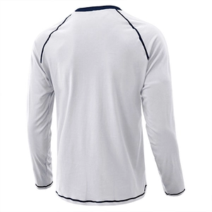 Rear view of white heavyweight cotton long sleeve T-shirt with navy contrast trim