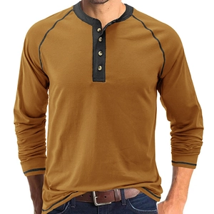Vintage men's heavyweight cotton long sleeve Henley shirt featuring black contrast trim