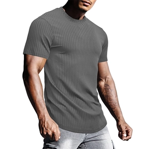 Detail of grey men's slim fit sports t-shirt showing ribbed texture and crew neck design