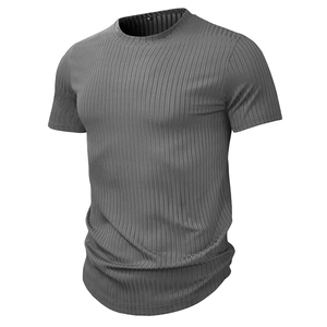 Close-up of dark grey men's sports t-shirt showing the ribbed texture and crew neck