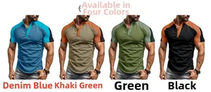 Dettaglio delle maglie Henley da uomo in blu denim, kaki, verde e nero con bottoni