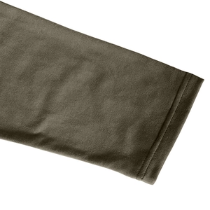 Close-up of the knitted cuff detail on an olive green long-sleeve Henley shirt for men