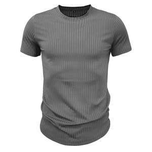Close-up of grey ribbed compression T-shirt showing round neck detail and soft fabric texture