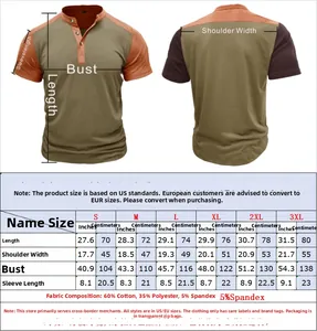 Tabella taglie dettagliata per maglia Henley da uomo dalla S alla 3XL con dati sul tessuto