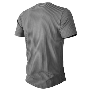 Close-up of the dark grey ribbed fabric texture and back stitching on the men's sports tee