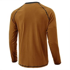 Back view of men's vintage brown long sleeve T-shirt with black contrast stitching