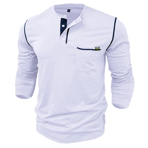 Detail of white Henley shirt featuring navy blue contrast trim on placket and pocket