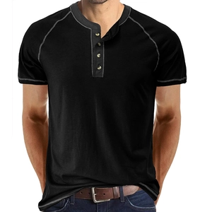 Men's black short sleeve Henley shirt with raglan sleeves and contrast stitching detail