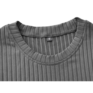 Close-up of grey ribbed sports t-shirt crew neck with small size S brand label
