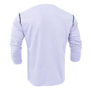 Detail view of purple Henley shirt back with decorative black contrast stitching