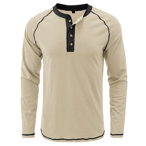 Front detail view of heavy cotton men's Henley shirt with contrasting black stitching
