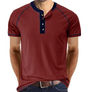Men's Henley shirt in burgundy with navy raglan sleeves and metal buttons details
