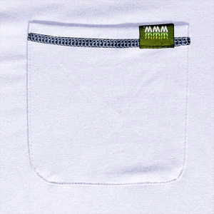 Detail of chest pocket on white knit Henley shirt with green woven label and blue stitching