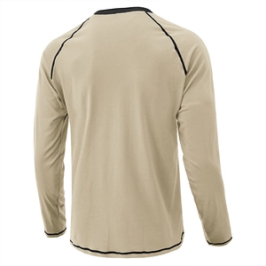 Back view of khaki long-sleeve cotton T-shirt with black contrast piping detail